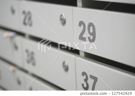 Mailboxes lined up with numbers in a modern setting 127542929