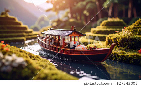 Floating sushi boat navigating miniature rice paddy terraces with wasabi mountains.. Generated Image 127543005