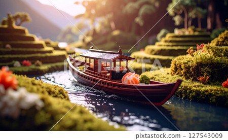 Floating sushi boat navigating miniature rice paddy terraces with wasabi mountains.. Generated Image 127543009