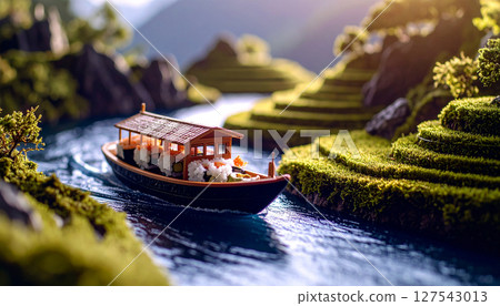 Floating sushi boat navigating miniature rice paddy terraces with wasabi mountains.. Generated Image 127543013