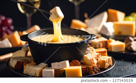 Fondue volcano erupting cheese lava onto bread crouton villages. Generated Image 127543019