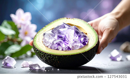 Giant avocado pit geode revealing amethyst crystal interior. Food Concept. Generated Image 127543031