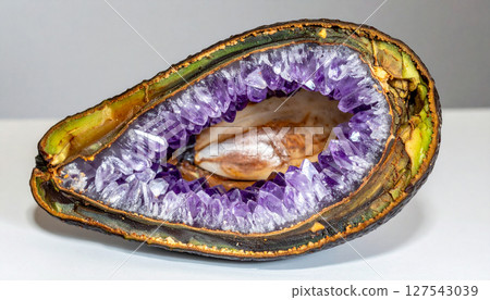 Giant avocado pit geode revealing amethyst crystal interior. Food Concept. Generated Image 127543039
