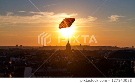 Golden croissant suspended over Parisian rooftops with butter glaze halo. Generated Image Golden croissant suspended over Parisian rooftops with butter glaze halo. Generated Image 127543058