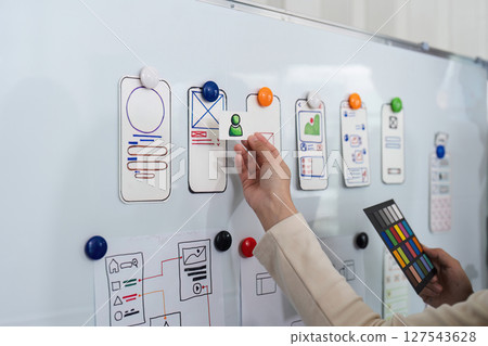 Close up ux developer and ui designer brainstorming interface wireframe design. Creative digital development agency Close up ux developer and ui designer brainstorming interface wireframe design. Creative digital development agency 127543628