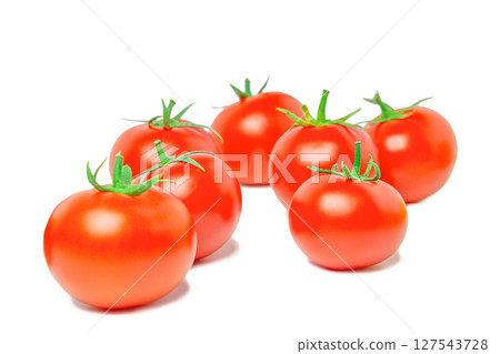 Group of ripe, juicy red tomato fruits with green twigs, illuminated by light highlights, isolated on a transparent white background, there are small translucent shadows. Blank for artworks, montage 127543728