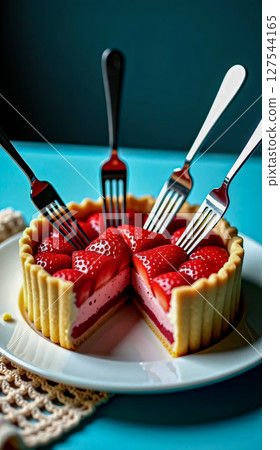 Delicious strawberry pie. Four forks stick out of a round strawberry pie on a white plate, missing one slice. 127544165