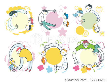 A collection of stock illustrations of a gentle family that can be used for parenting support and educational PR for parents and children who are connected in a circle 127544290