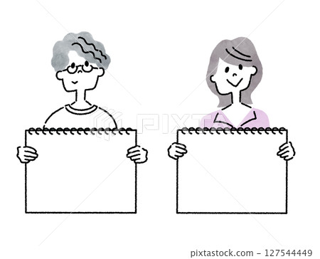一位年輕男女手持素描本的線條畫插圖 一位年輕男女手持素描本的線條畫插圖 127544449