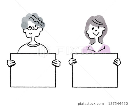 Line drawing illustration of a young man and woman holding a whiteboard 127544450