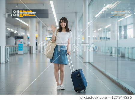 一位日本年輕女子在機場準備出行的輕鬆肖像 127544520