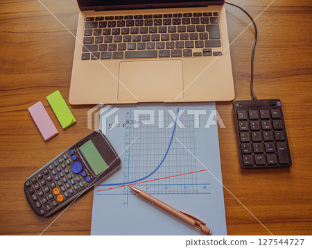 Computer, graph, calculator, ballpoint pen, sticky notes, numeric keypad Computer, graph, calculator, ballpoint pen, sticky notes, numeric keypad 127544727