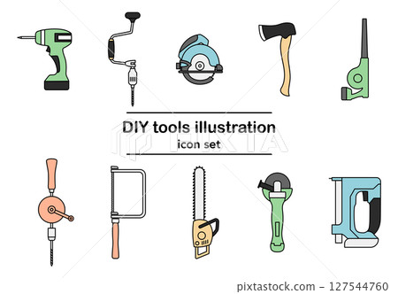 DIY 工具圖示集的向量插圖 | 鑽頭、鋸子、鏈鋸、磨床、刀片 127544760