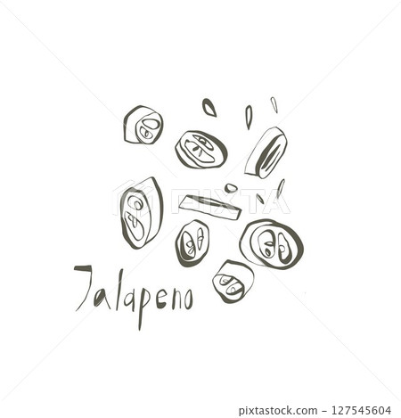 Sliced jalapeno peppers with seeds and handwritten jalapeno text in warm green colors on white background 127545604