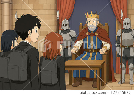 The students were surprised when the king suddenly appeared before them. 127545622