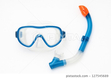 White background x snorkel and marine accessories, summer sea and travel image 127545689
