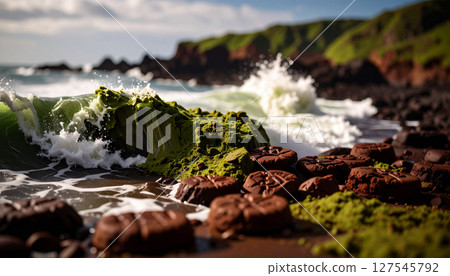 Matcha tsunami crashing over chocolate rock coastline. Food Concept. Generated Image 127545792