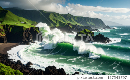 Matcha tsunami crashing over chocolate rock coastline. Food Concept. Generated Image Matcha tsunami crashing over chocolate rock coastline. Food Concept. Generated Image 127545797