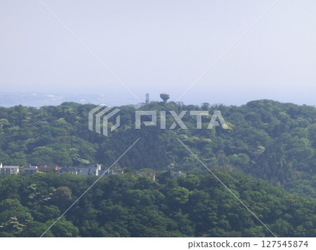 Akiya Reservoir water tower seen from the Sengenyama hiking trail Akiya Reservoir water tower seen from the Sengenyama hiking trail 127545874