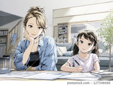 Illustration material of an elementary school student doing homework and his mother watching over him 127546088