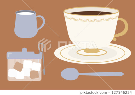 Illustration of coffee, milk, and sugar in a traditional coffee shop style Illustration of coffee, milk, and sugar in a traditional coffee shop style 127546234