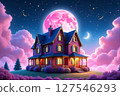 A cozy home in blue and pink tones hanging in the sky on clouds. 127546293