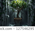 A tree grows out of the toilet with its roots burrowing in. 127546295