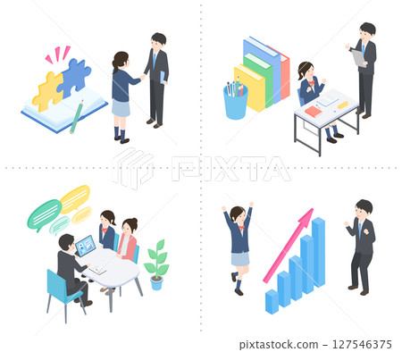 Illustration set of female students and teachers studying hard together 127546375