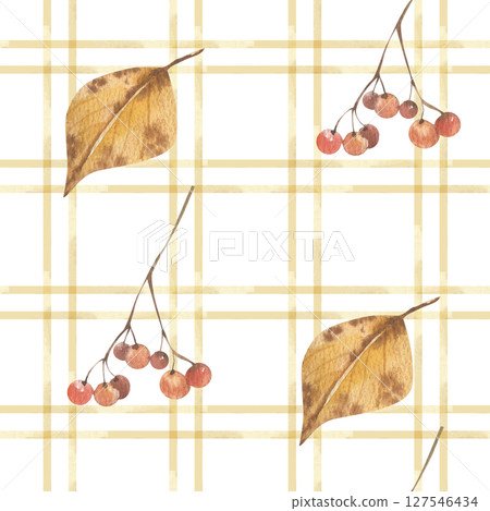 Autumn rustic watercolor seamless pattern with fall yellow leaves. red berries on beige plaid background. Hand drawn floral repeated clipart, floral forest drawing for kitchen,home textile, fabric 127546434