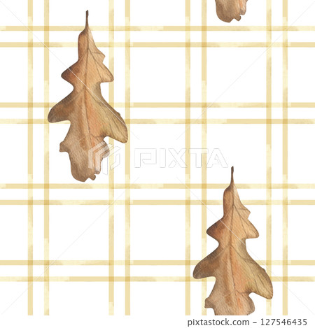 Autumn geometric seamless pattern with watercolor oak leaves and plaid illustration. Hand drawn fall seasonal background with forest floral elements for thanksgiving textile, fabric design 127546435