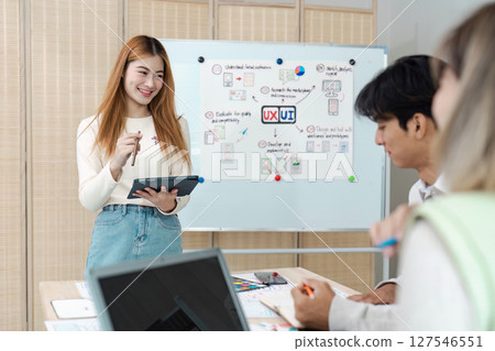 UI designer and UX developer brainstorm idea to design the application appearance in the early stage. Creative digital development agency. UX UI concept 127546551