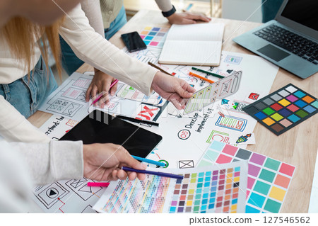 UI designer and UX developer brainstorm idea to design the application appearance in the early stage. Creative digital development agency. UX UI concept 127546562