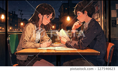 男人和女人在咖啡館學習 男人和女人在咖啡館學習 127546623