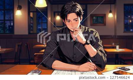 Men studying in a cafe Men studying in a cafe 127546624