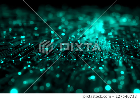 帶有 CPU 和電路板圖案的霓虹色發光的抽象的背景 127546738