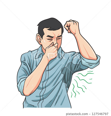 Sweating Man Feeling Bad Smell Coming From His Own Armpits 127546797