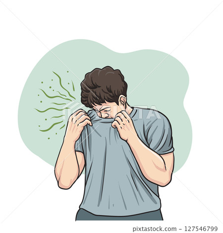 Sweating Man Feeling Bad Smell Coming From His Sweating Man Feeling Bad Smell Coming From His 127546799