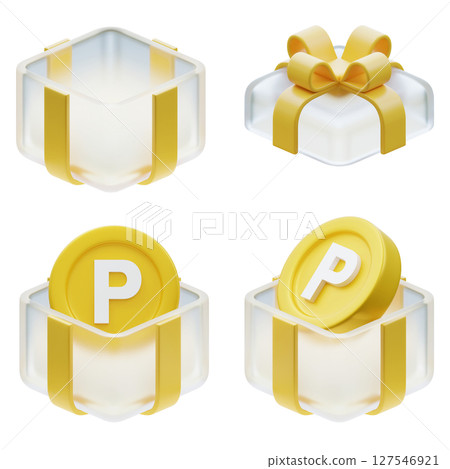 Coins in a yellow gift box 3D graphic Coins in a yellow gift box 3D graphic 127546921