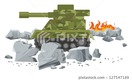 Illustration of a tank driving through rubble and flames 127547189