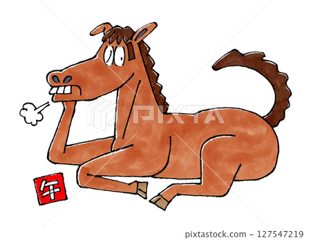 Horse lying down and resting on elbows 127547219