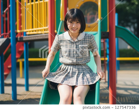 A black-haired, pure-looking idol playing on a slide in the park 127547336