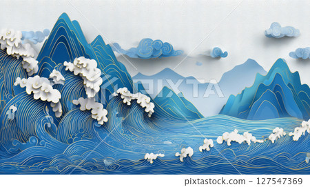 藍色祥雲剪紙背景 127547369