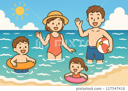 Illustration of a family enjoying swimming in the sea 127547418