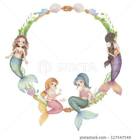 Watercolor sea frame with mermaid, corals and shells Watercolor sea frame with mermaid, corals and shells 127547549