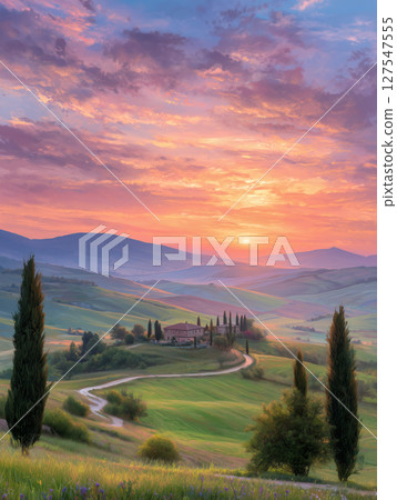 Road between fields and hills in European countryside 127547555