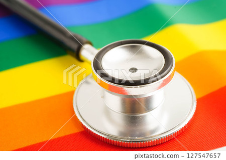 Stethoscope on LGBT rainbow flag, rights and gender equality. 127547657