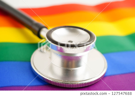 Stethoscope on LGBT rainbow flag, rights and gender equality. 127547688