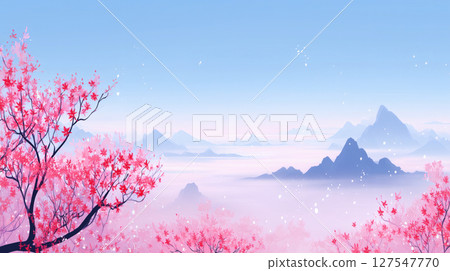 山脈櫻花樹水彩畫 山脈櫻花樹水彩畫 127547770