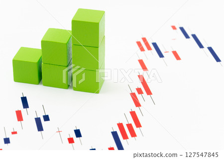 Yellow-green building blocks and candlestick chart on a white background Yellow-green building blocks and candlestick chart on a white background 127547845