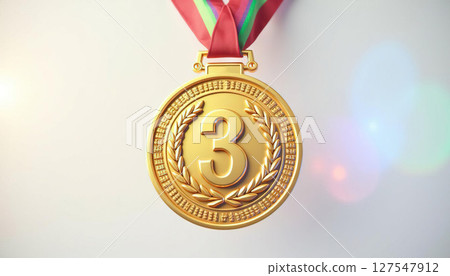 Golden third place medal with laurel wreath detail and ribbon. Generated AI 127547912